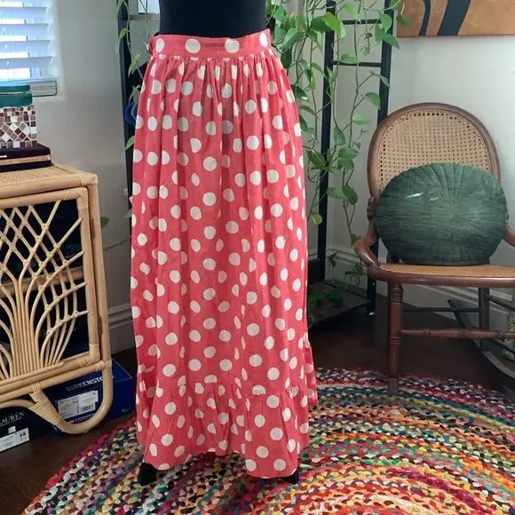 Vintage 60s Handmade Red & White Polka Dot Minnie Mouse Ruffle Hem Maxi Skirt - Picture 1 of 4